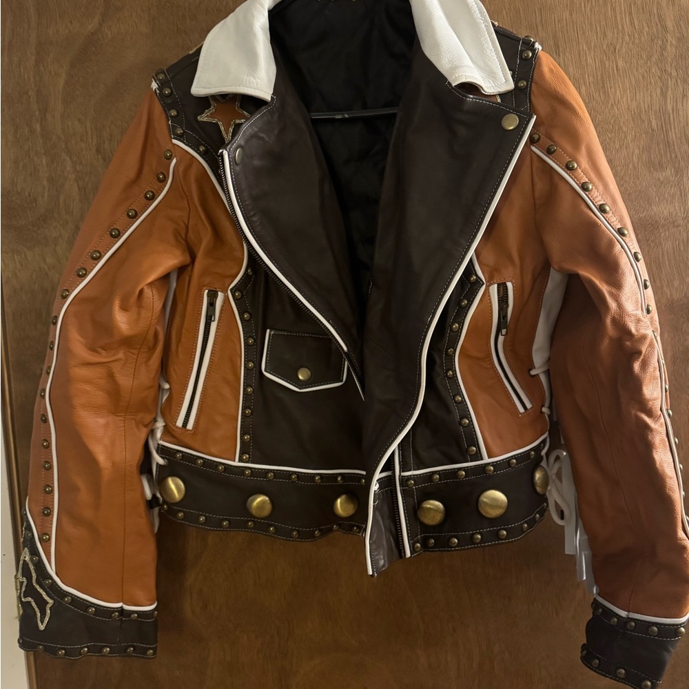 Studded Brown and White Leather Jacket